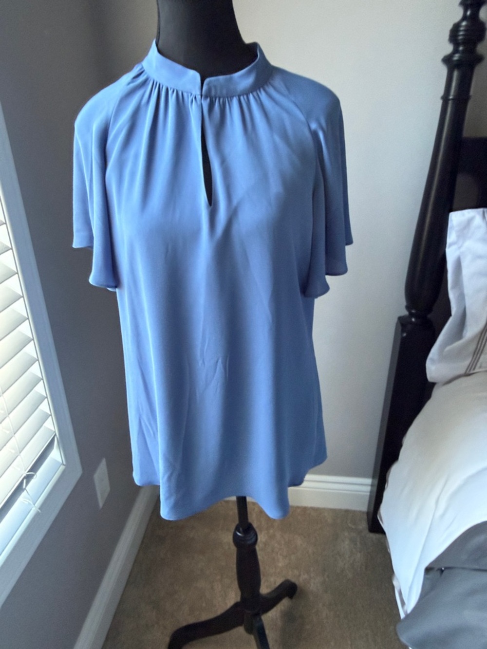 White House Black Market Dusty Blue Flutter Sleeve Keyhole Blouse